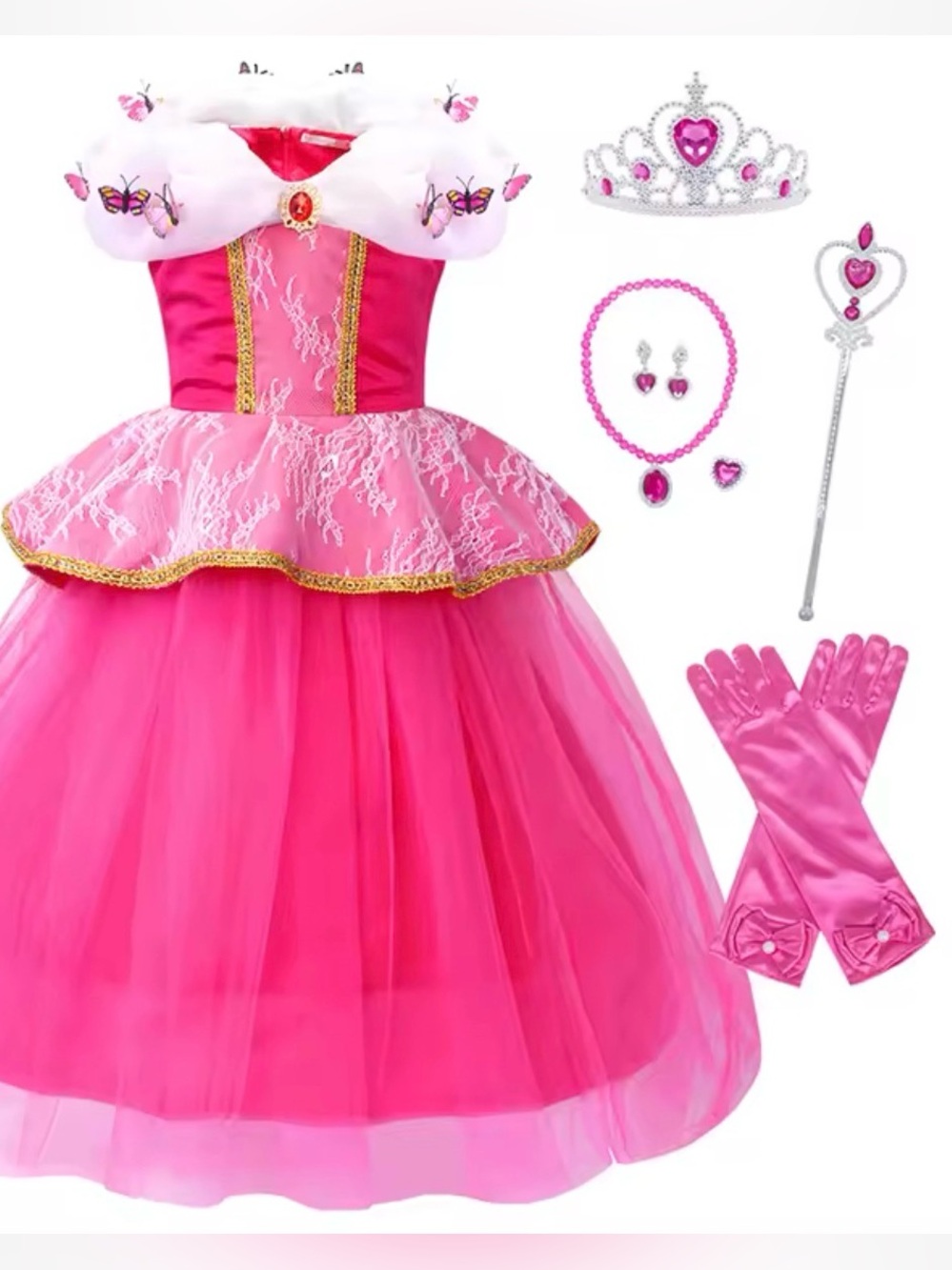 Girls' Pink Princess Tulle Gown Costume with Butterfly Accents